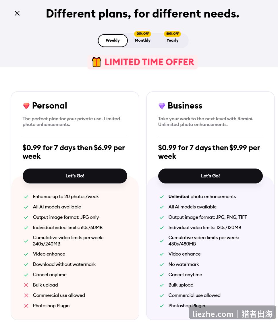 Remini网页版订阅价格:Personal每周6.99美元,Business每周9.99美元可商用