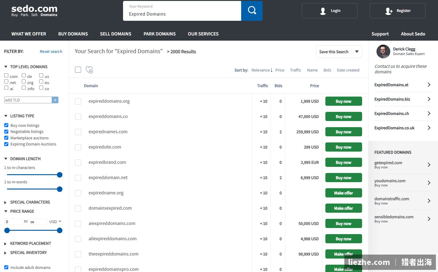 在Sedo搜索Expired Domains,可以看到大量待售的过期域名