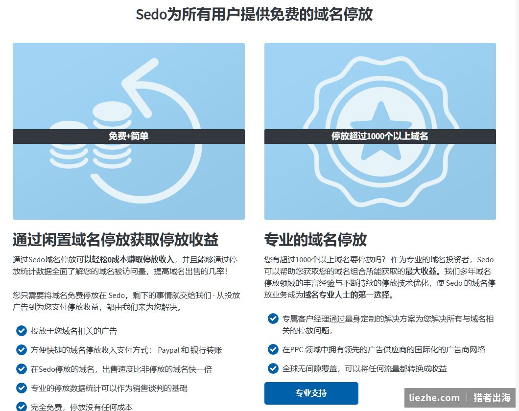 Sedo为所有用户提供免费的域名停放,完全免费没有成本