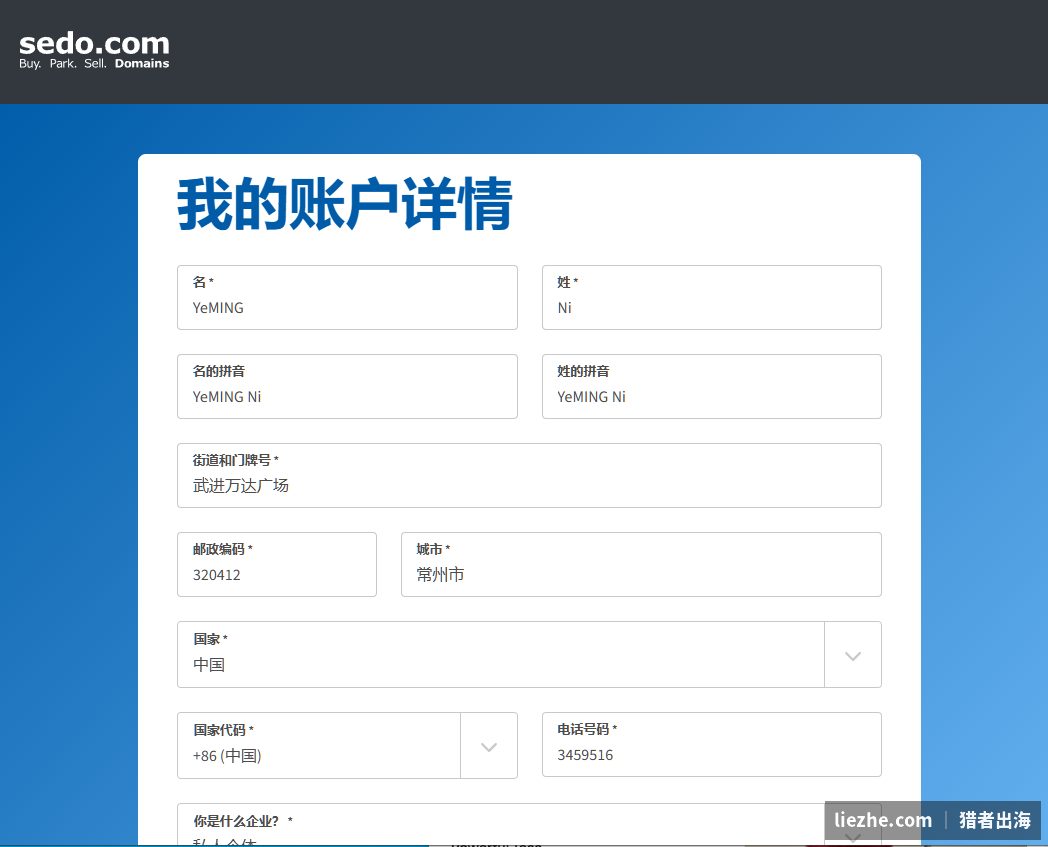 Sedo账户详情填写:支持中国地址,填名字、地址、电话即可