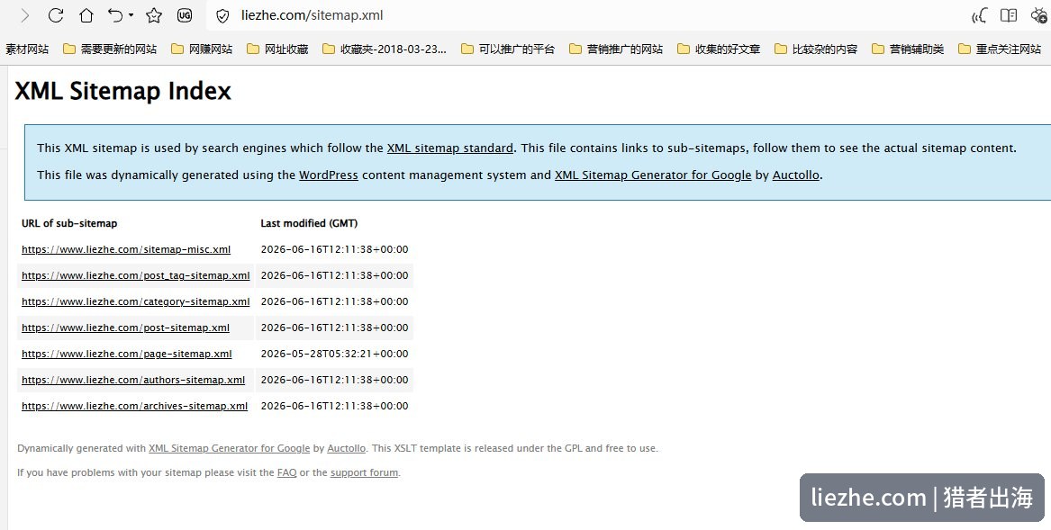 猎者出海sitemap.xml索引文件，指向post-sitemap等多个子地图