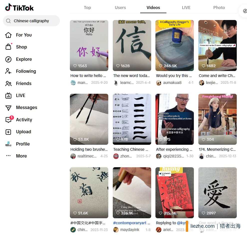 TikTok上Chinese calligraphy中式书法短视频的高播放量内容