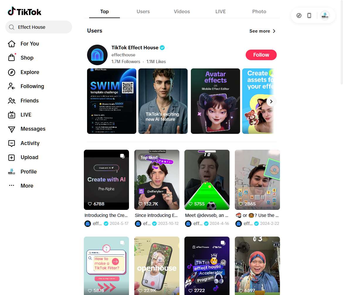 TikTok Effect House官方账号:170万粉丝与特效创作教程内容