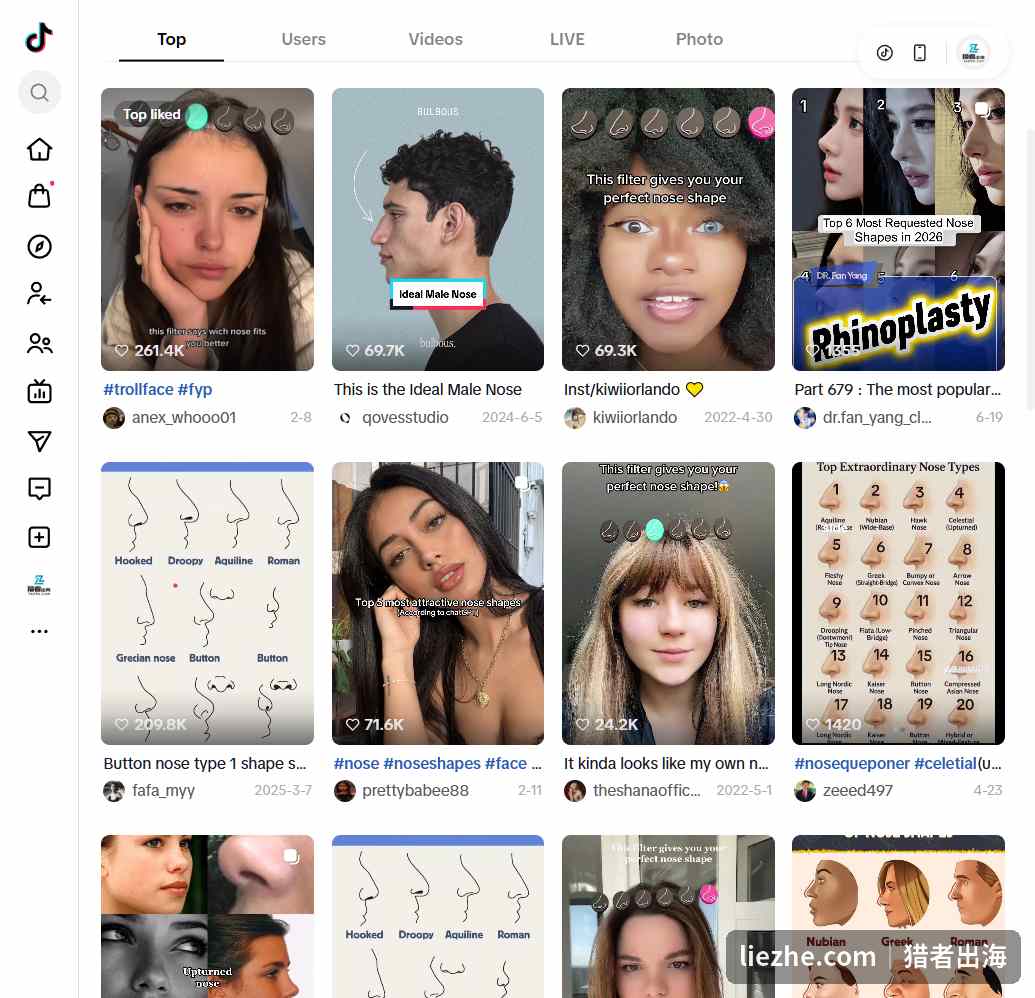 TikTok 上鼻型面相相关内容的高播放量