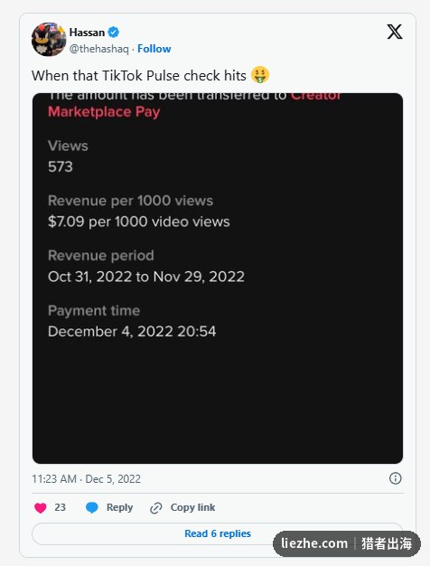 TikTok Pulse广告分成收款截图:每千次播放7.09美金