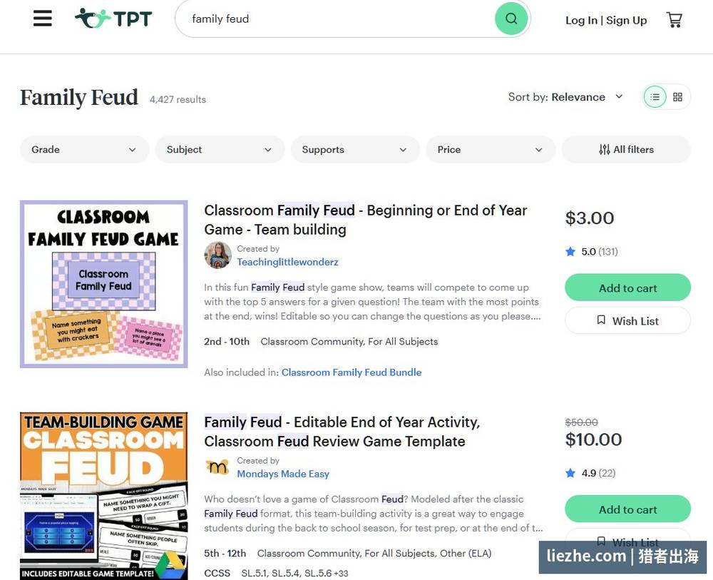 Teachers Pay Teachers上Family Feud教学模板搜索结果4427个