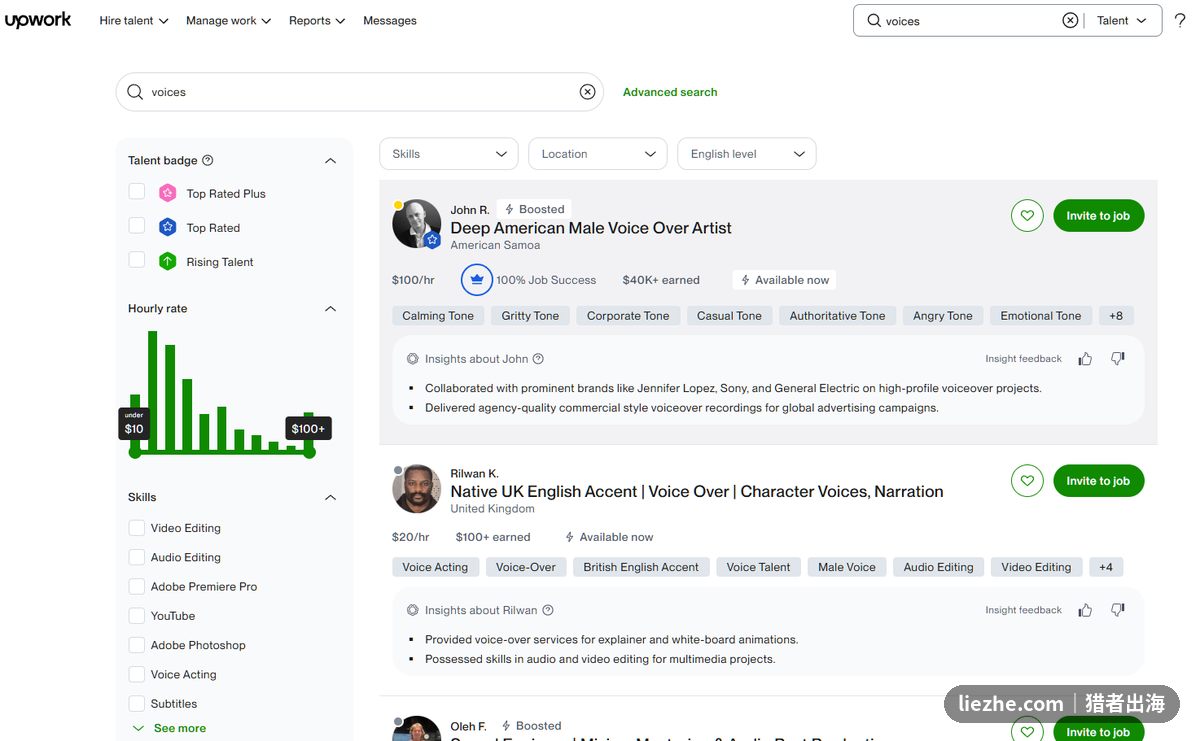 Upwork配音时薪和接单者档案行情