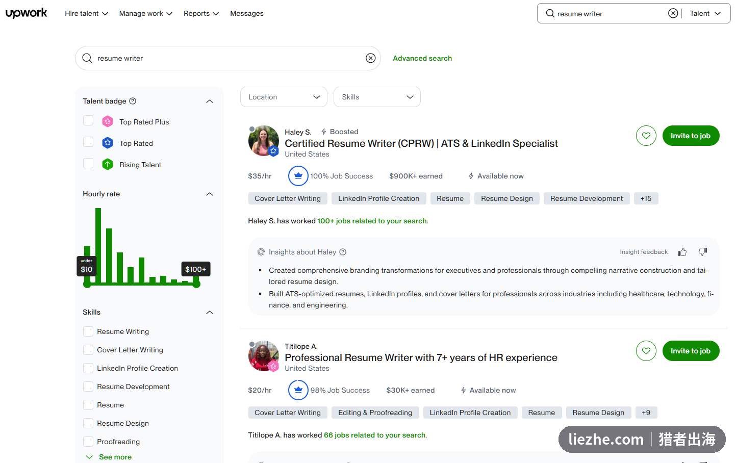 Upwork搜索resume writer结果页,头部简历写手时薪35美金累计收入超90万美金