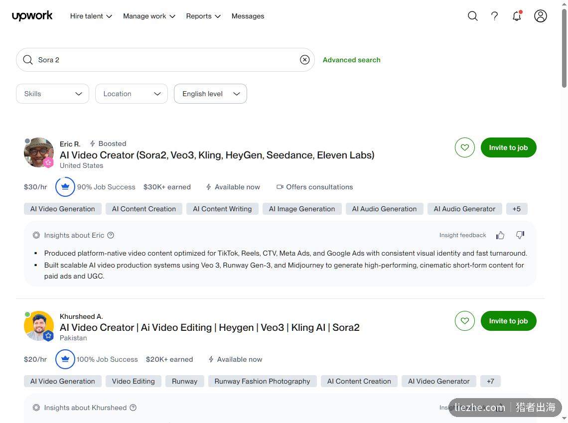 Upwork上Sora 2 AI视频创作者的接单报价和收入