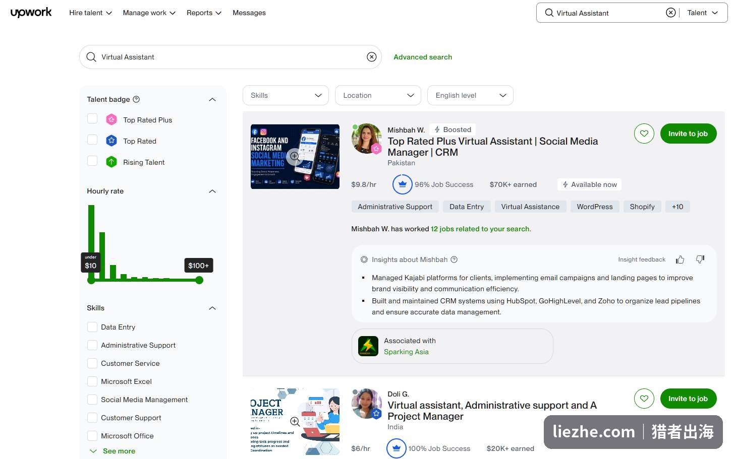 Upwork上的Virtual Assistant自由职业者，时薪9.8美金累计收入超7万美金