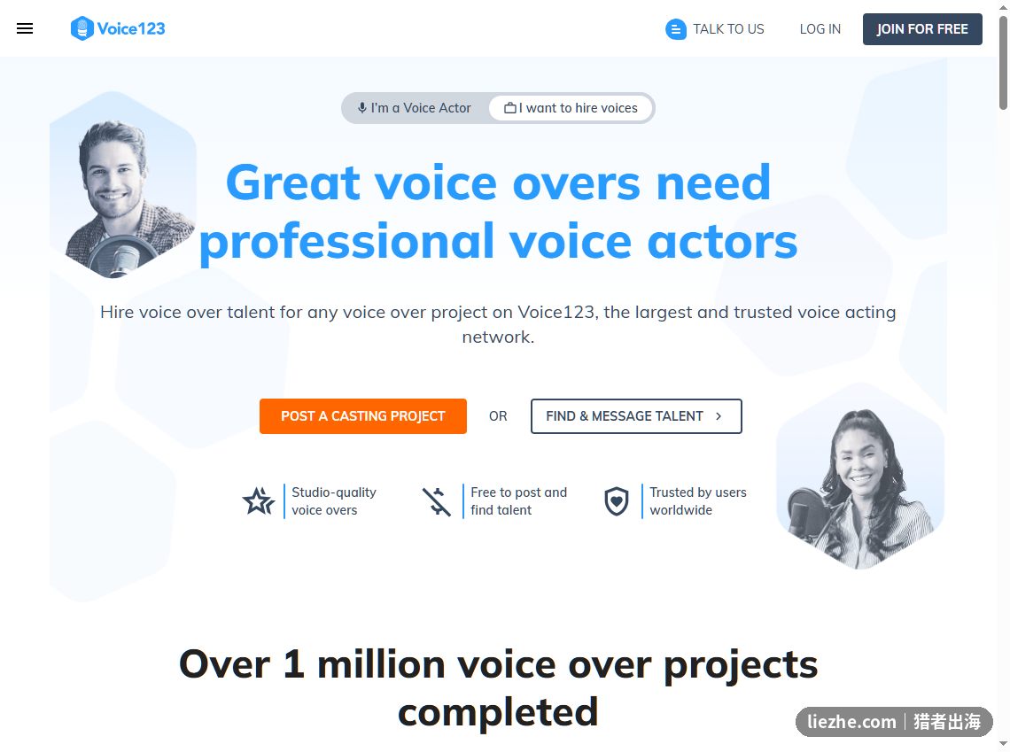 Voice123配音平台首页和项目规模