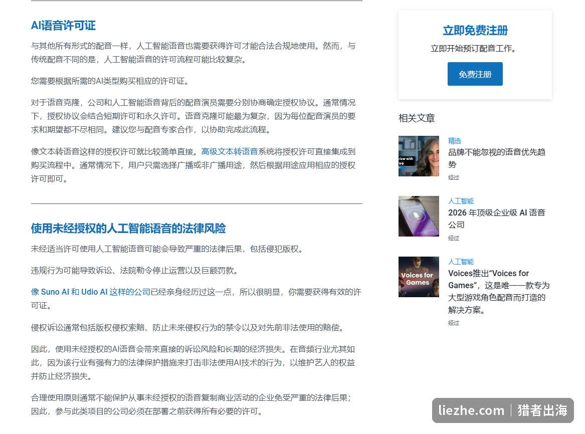 Voices的AI语音许可证说明及使用未经授权AI语音的法律风险