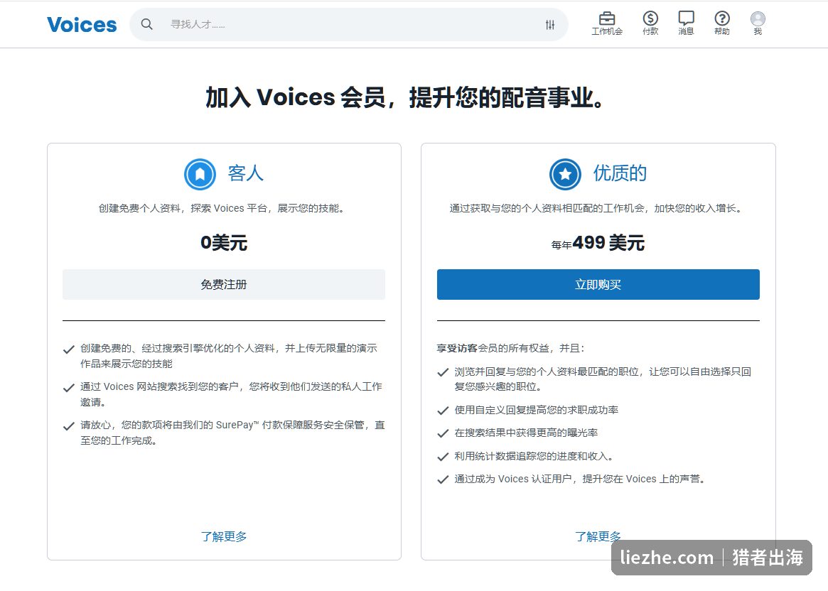 Voices会员对比:客人会员0美元vs优质会员每年499美元