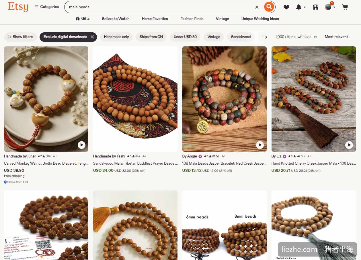 Etsy 搜索 mala beads 出现上千件商品,很多标注 Ships from CN 来自中国卖家