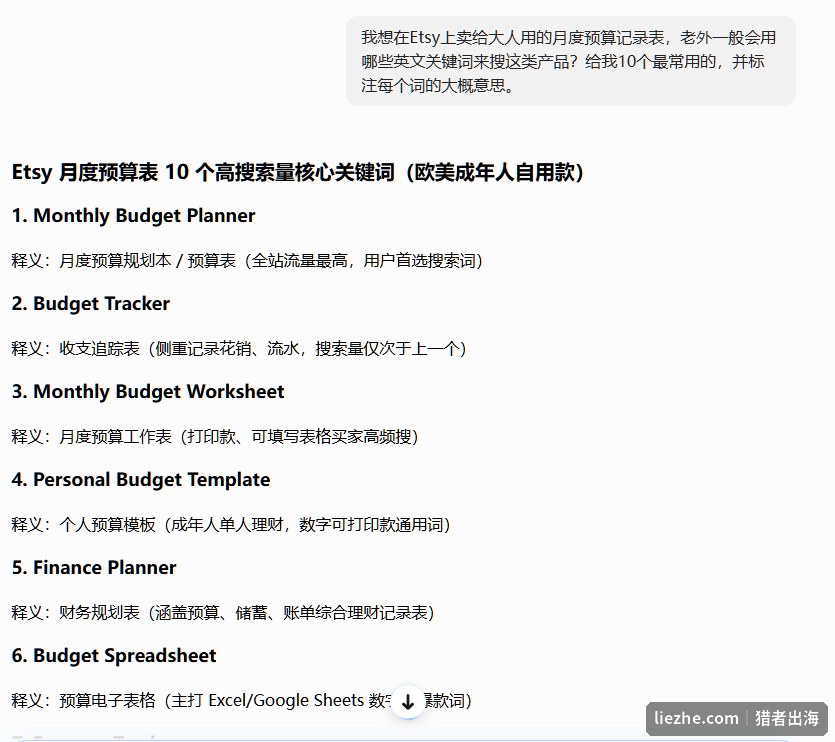 用AI把中文练习册需求翻译成老外真实搜索关键词的截图