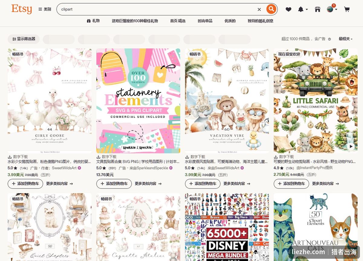 Etsy搜索clipart出来的素材型数字产品,卖的是设计图形