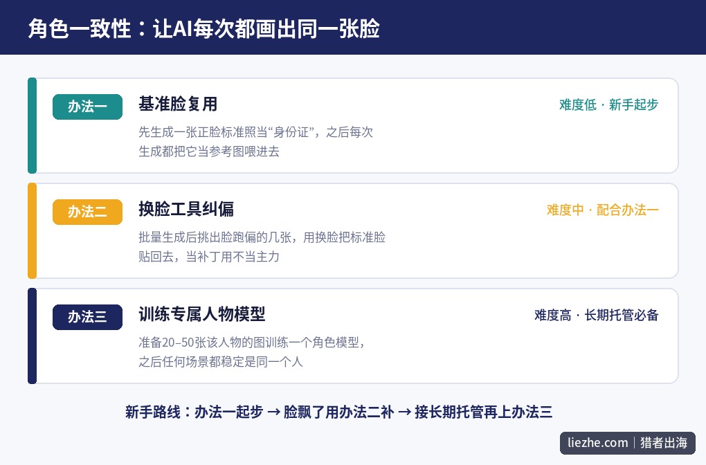 解决AI角色一致性的三种办法:基准脸复用、换脸纠偏和训练专属人物模型