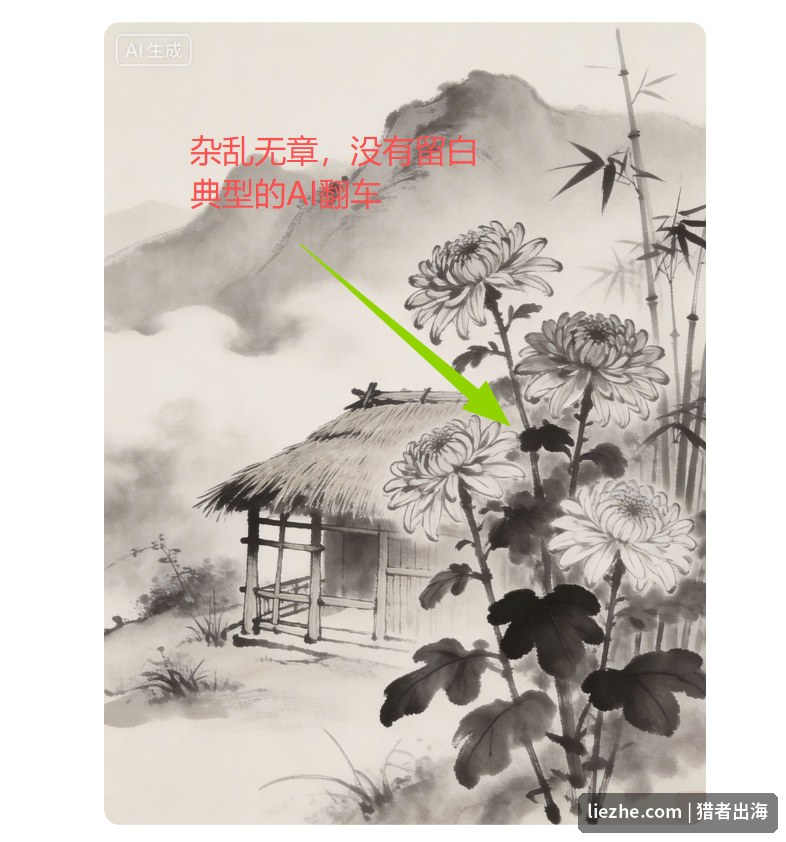 AI生成的水墨图典型翻车案例，画面杂乱无章没有留白