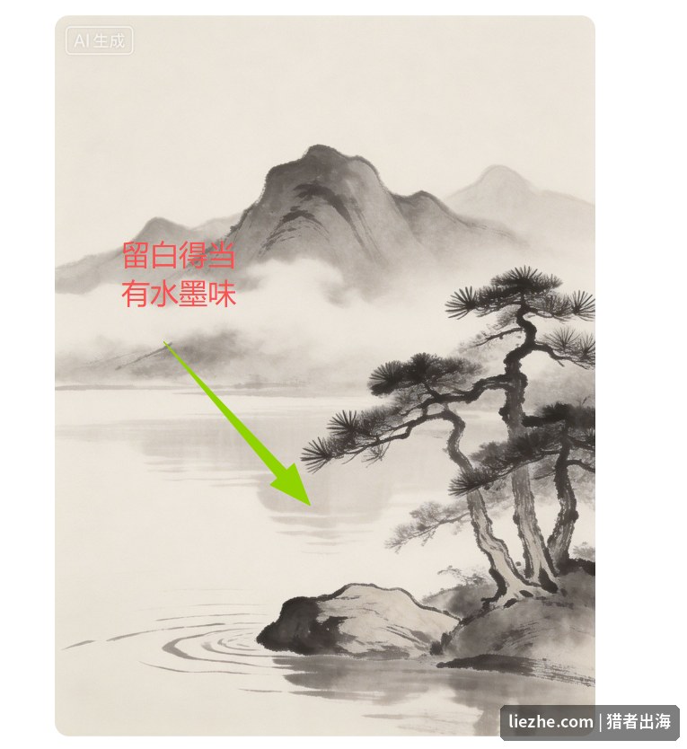 AI生成的水墨山水图，留白得当有水墨味