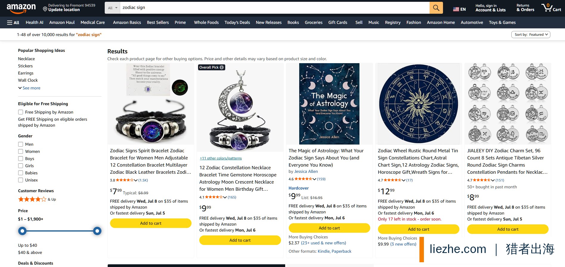 Amazon搜索zodiac sign 生肖手链项链书籍等实物产品 售价7到13美元