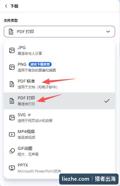 Canva导出时选择PDF标准或PDF打印两种格式