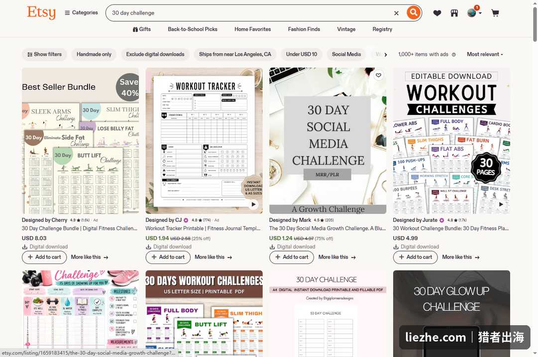 Etsy搜索30 day challenge的结果页,超过1000个数字下载产品在售