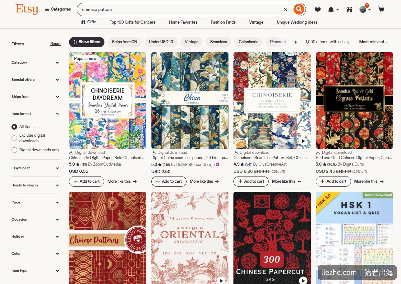 Etsy搜索chinese pattern的商品结果,中国风纹样数码素材琳琅满目