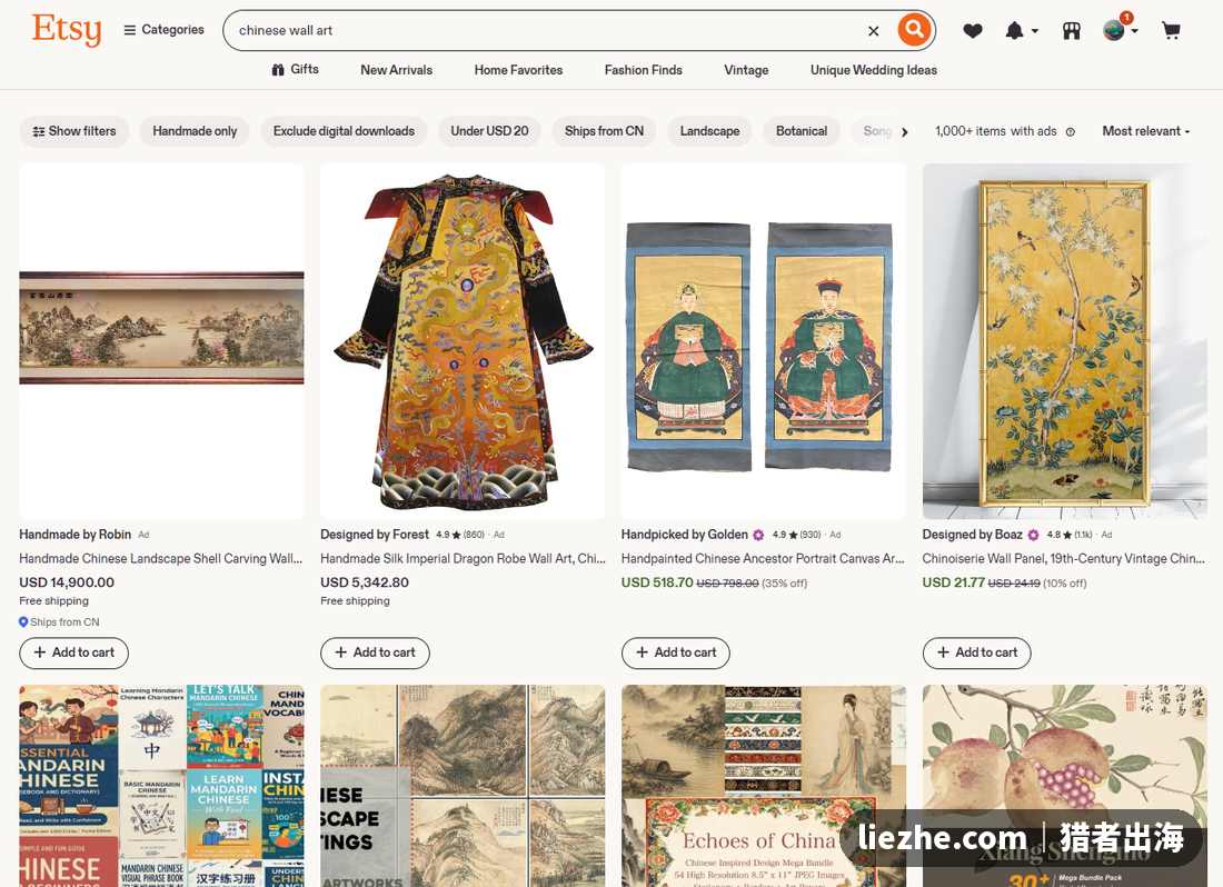 Etsy上chinese wall art中国风墙面艺术搜索结果,含大量东方元素设计商品