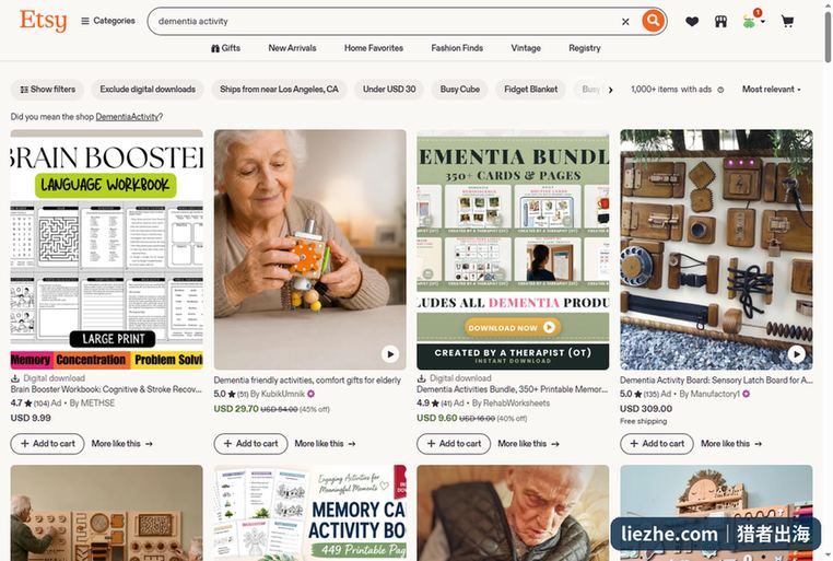 Etsy搜索dementia activity的结果,数字下载商品定价9.6到9.99美元