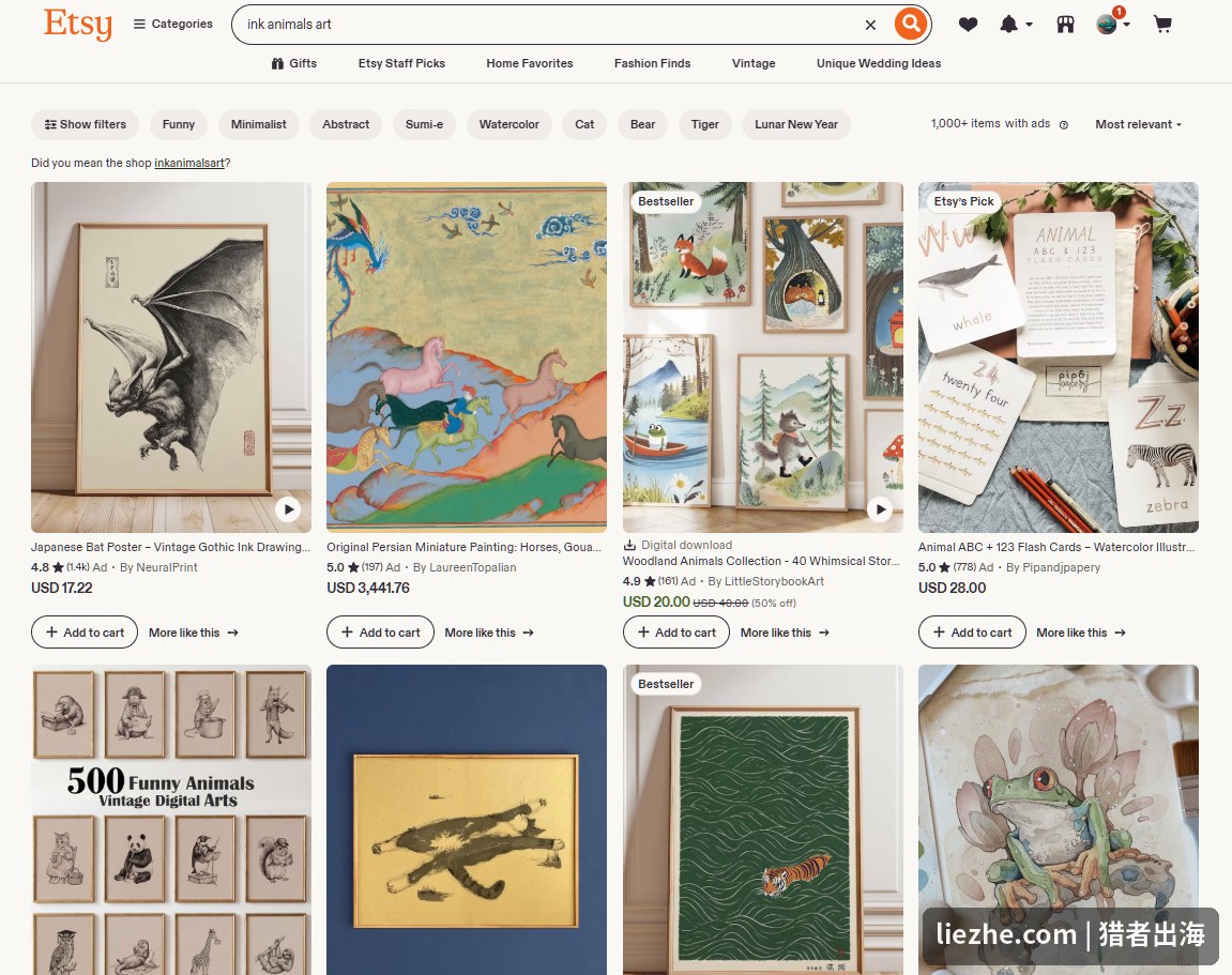 Etsy搜索ink animals art的水墨动物数字产品结果