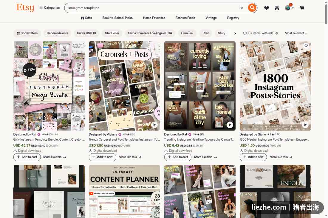 Etsy搜索instagram templates社媒模板的结果页,成套模板包热卖