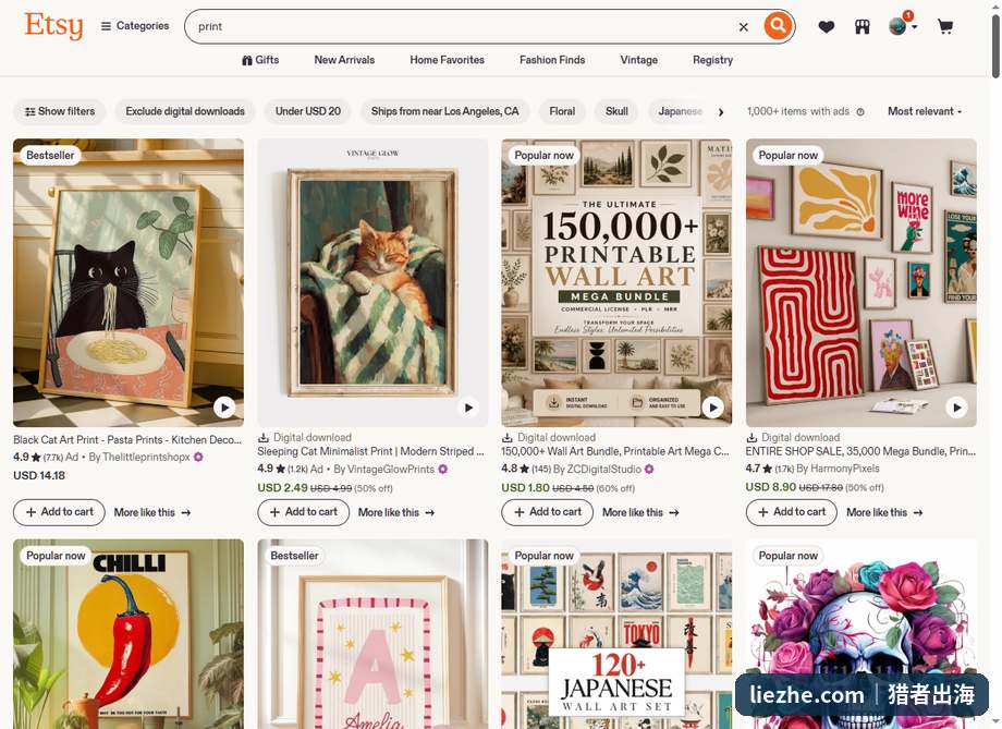 Etsy搜索print的商品结果页,各类AI艺术画和墙面装饰画