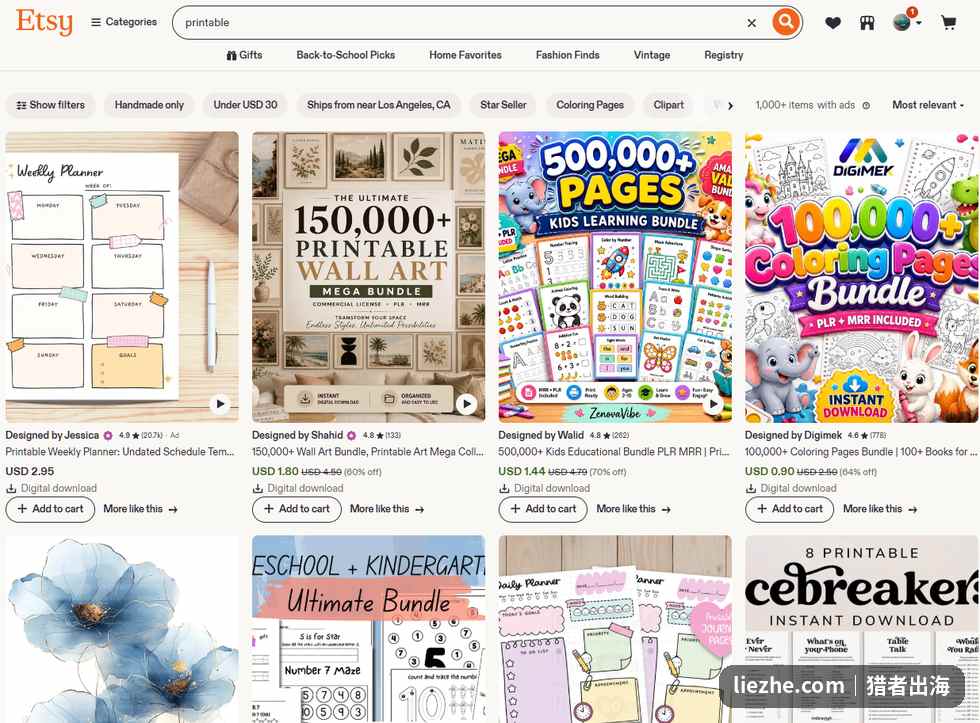 Etsy搜索printable可打印数字产品的商品列表