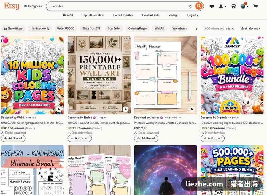 Etsy搜索printables数字产品结果页:可打印素材售价和即时下载标识
