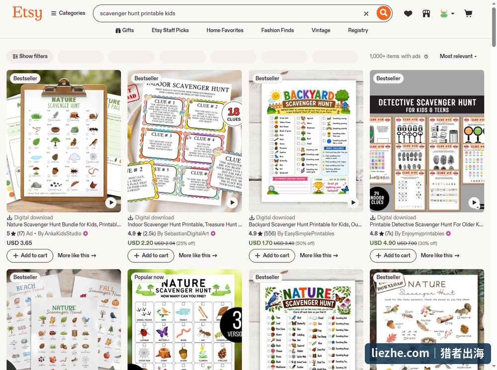 Etsy搜索scavenger hunt printable kids的结果页,热卖寻宝清单价格与评价数