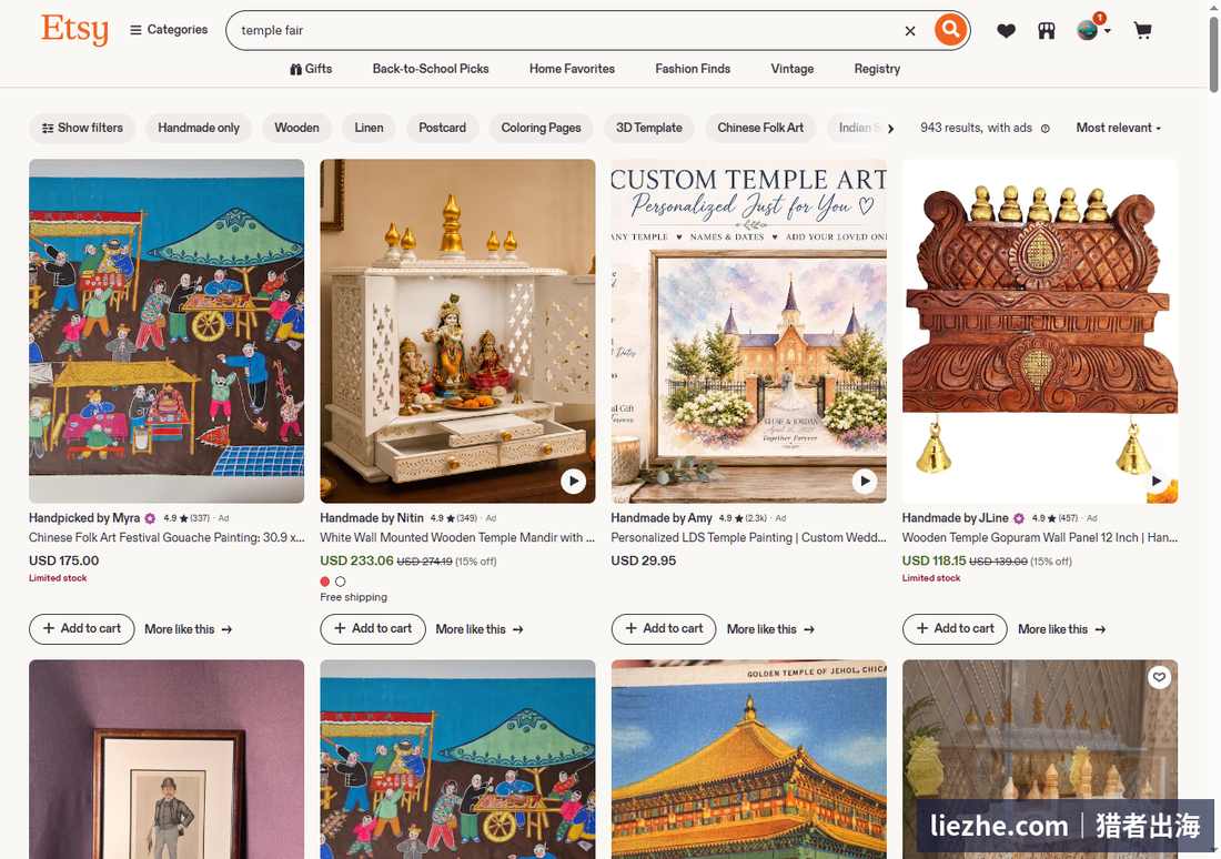 Etsy搜索temple fair只有943个结果,中国庙会主题画作卖到175美元