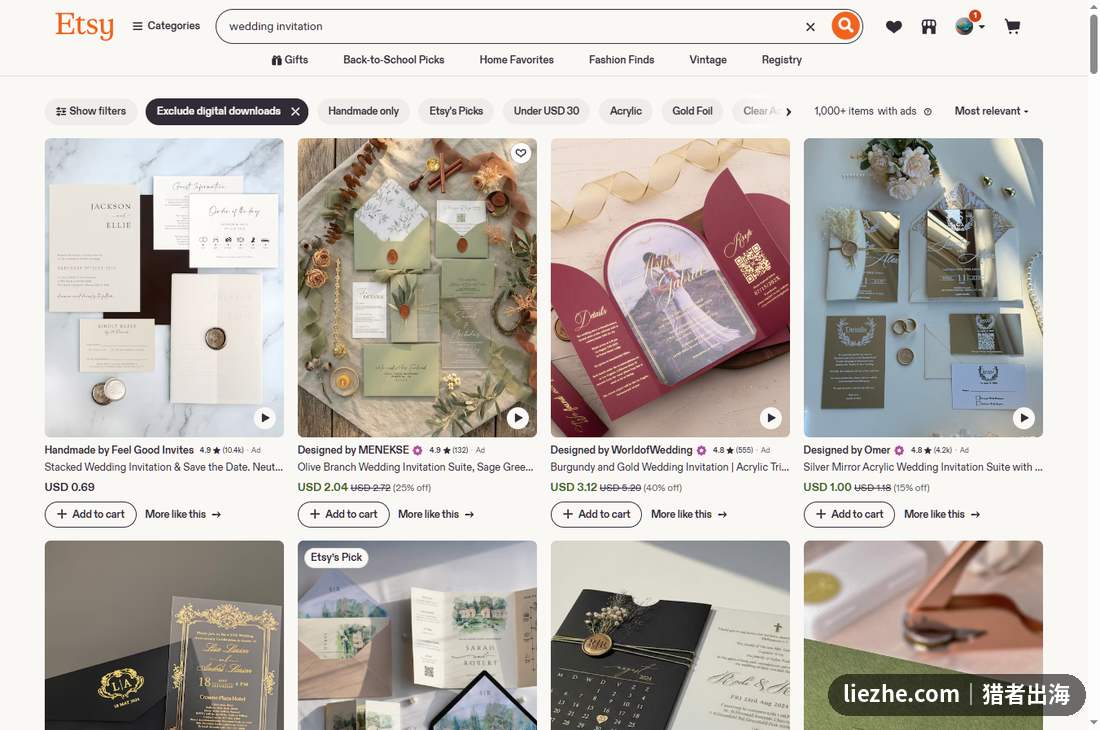 Etsy搜索wedding invitation婚礼请柬的结果页