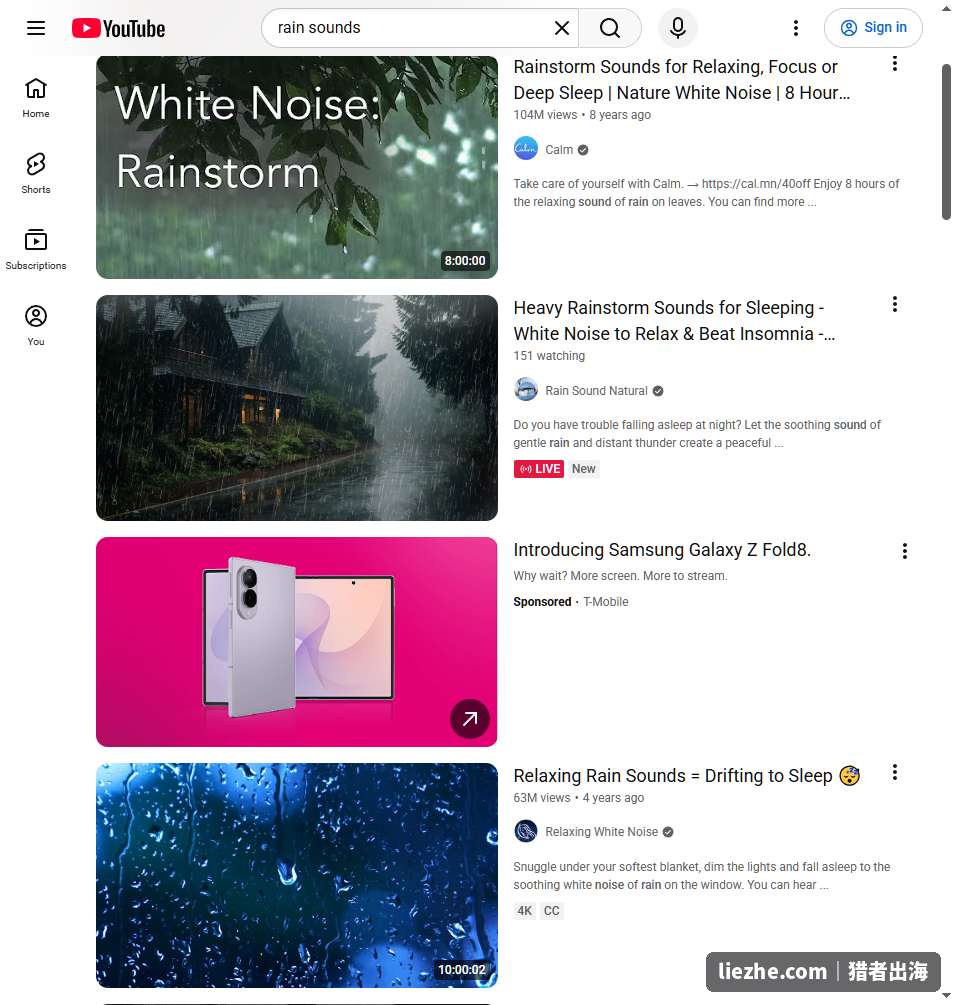 YouTube搜索rain sounds雨声白噪音的无脸频道视频