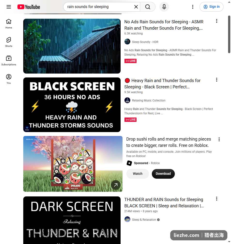 YouTube上无人出镜的雨声助眠视频频道搜索结果