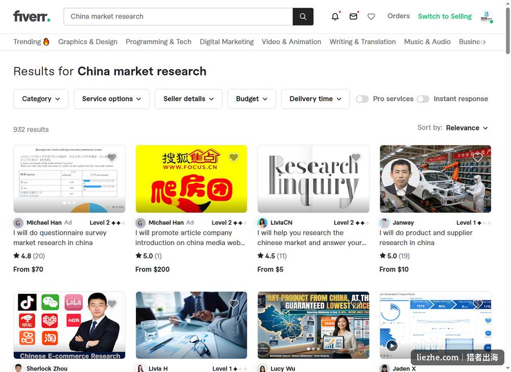 Fiverr平台China market research搜索结果共932个服务,起价从5美金到200美金不等