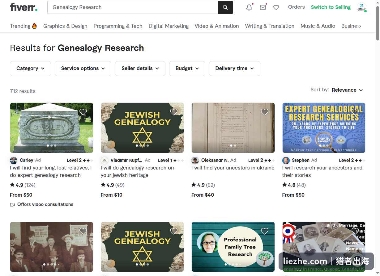 Fiverr搜索Genealogy Research出来712条家谱寻根服务