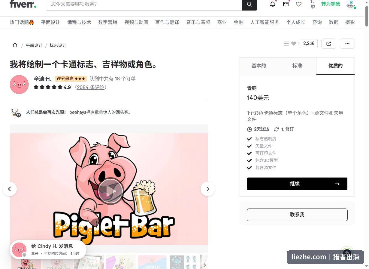 Fiverr卡通吉祥物角色设计卖家页面和订单数据