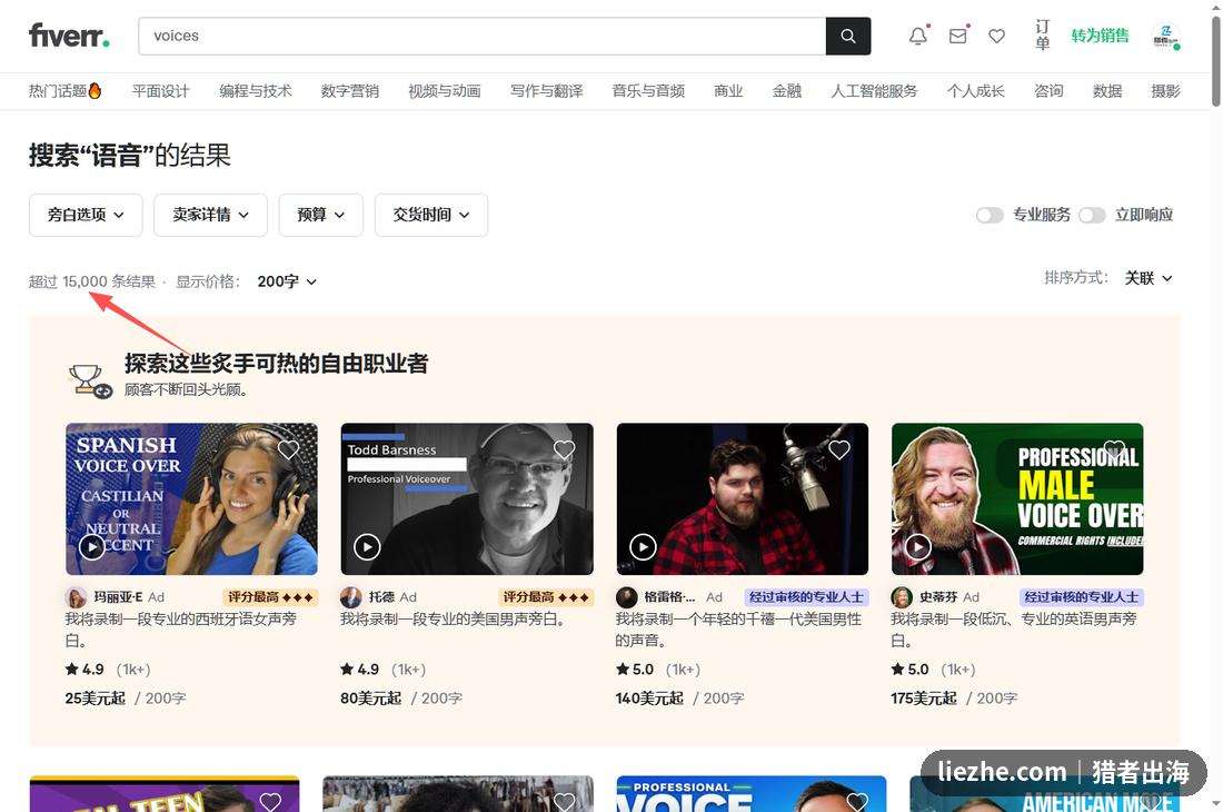 Fiverr上搜索配音服务的结果页,超过15000条配音接单服务