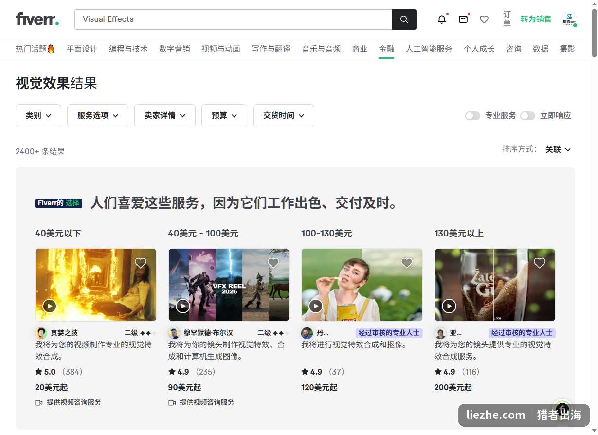 Fiverr视觉特效类目搜索结果，2400多条服务并按价格分为四档