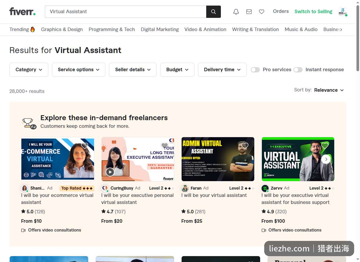 Fiverr上Virtual Assistant虚拟助理搜索结果,超过28000个服务起步价10到100美元