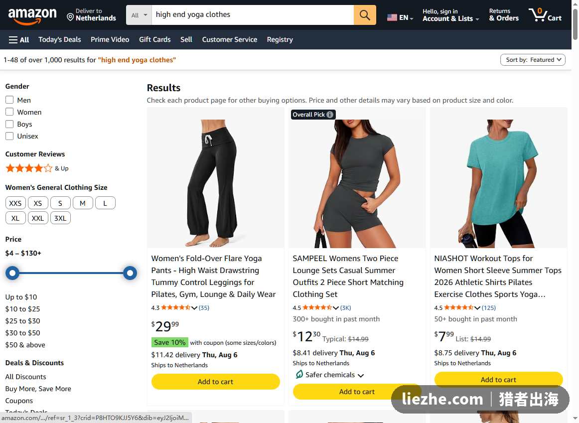 亚马逊高端瑜伽服搜索结果与价格分布截图