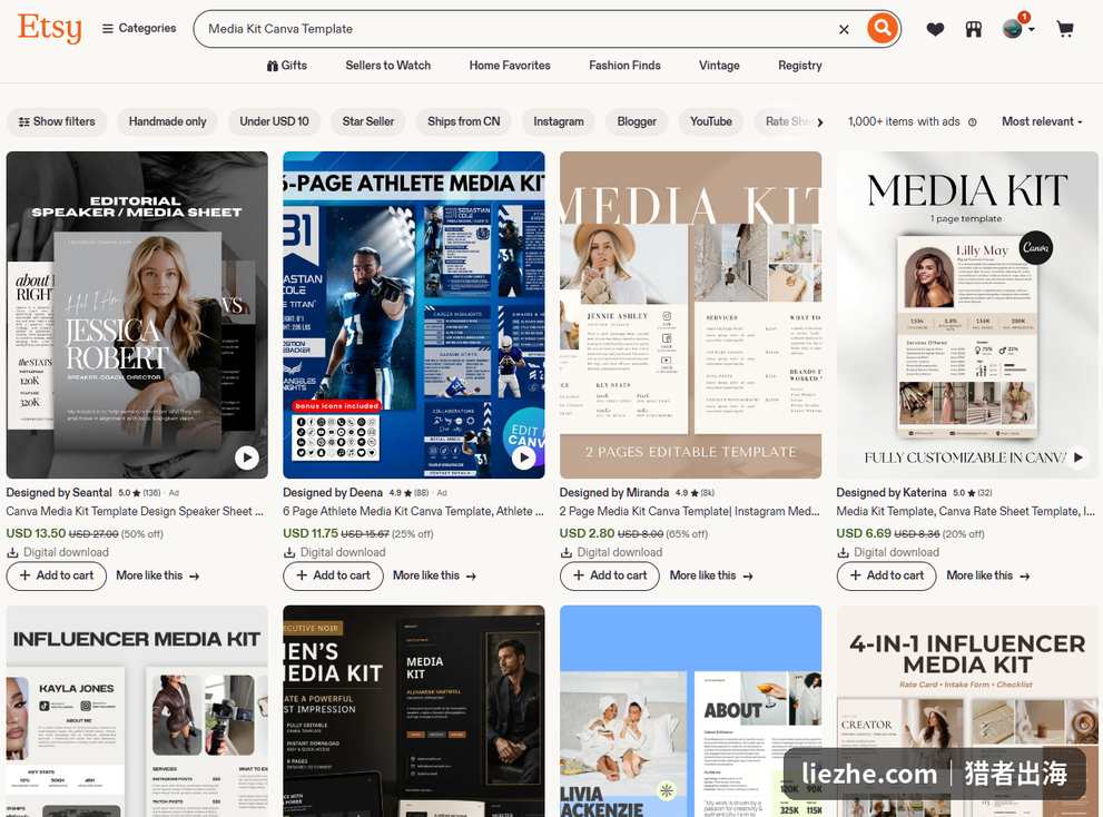 Etsy搜索Media Kit Canva Template的结果页,展示不同风格模板和价格