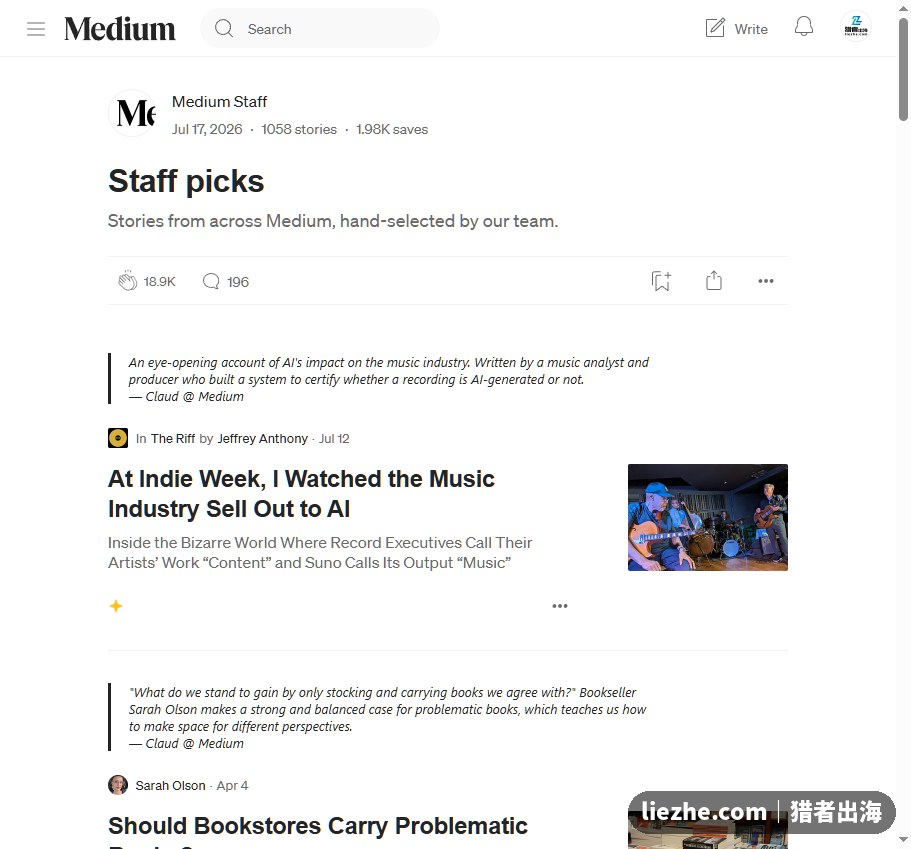 Medium编辑精选页面,海外内容平台上关于AI等话题的深度讨论