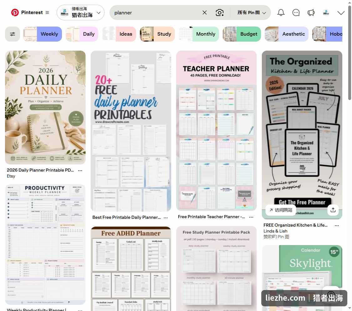 Pinterest上搜索planner的结果,欧美用户对计划表打印内容需求旺盛