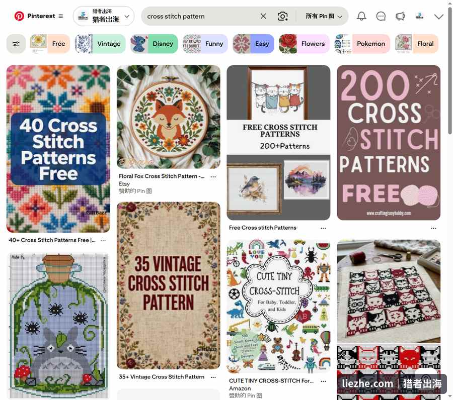Pinterest上十字绣图案的引流pin，用免费资源导流到店铺